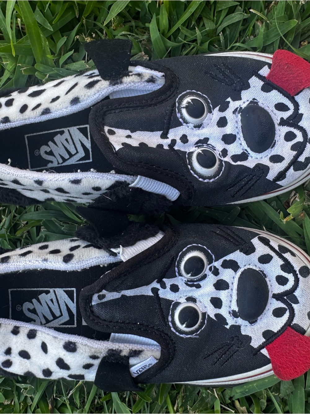 Vans Kids Black & White Dalmatian Slip-On Sneakers with Red Tongue